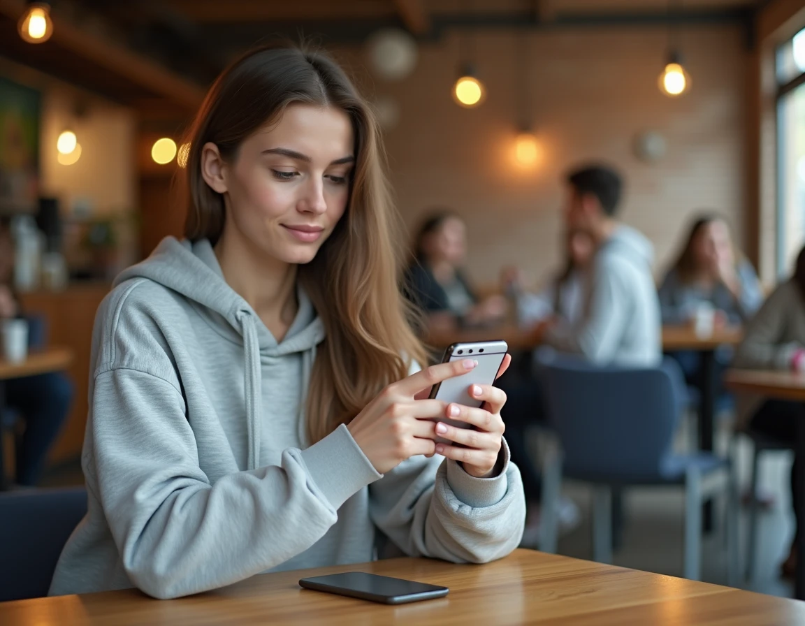 Étudiante accédant à l'ENT AMU sur son smartphone dans un café universitaire