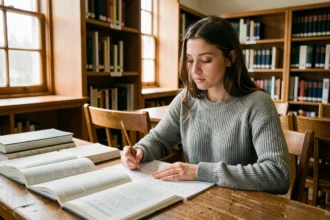 Étudiante révisant des équivalents mathématiques dans une bibliothèque universitaire pour préparer ses oraux de concours