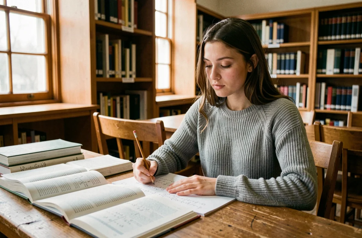 Étudiante révisant des équivalents mathématiques dans une bibliothèque universitaire pour préparer ses oraux de concours