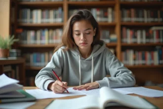 Étudiante en mathématiques écrivant les formules cos cos sin sin sur un carnet dans une bibliothèque universitaire