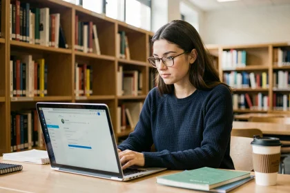 Étudiante de Sciences Po Bordeaux configurant sa messagerie sur un ordinateur portable dans une bibliothèque universitaire