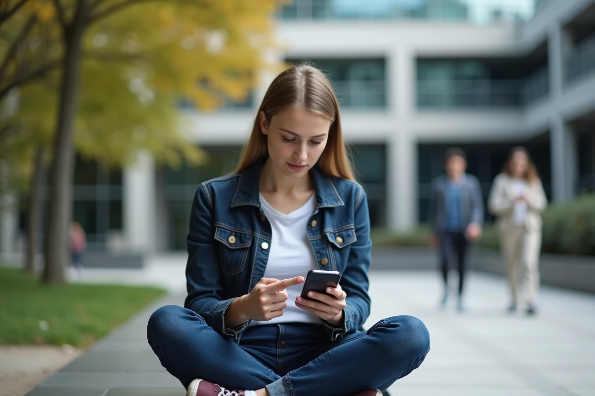 Étudiante consultant son smartphone avec une erreur d'accès au portail ENT sur le campus universitaire