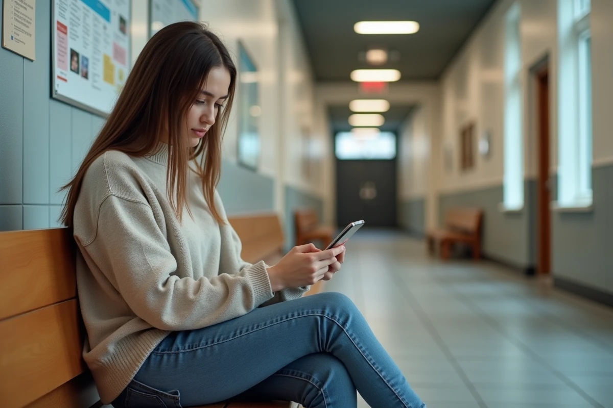 Etudiante assise sur un banc dans un couloir universitaire