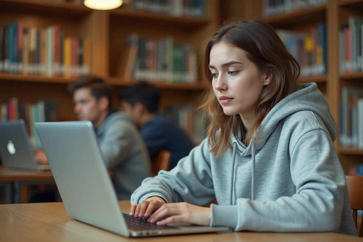 Étudiante utilisant le webmail Toulouse INP sur un ordinateur portable dans une bibliothèque universitaire moderne
