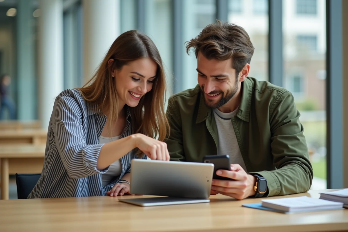 Deux étudiants consultant les étapes de connexion à mycampus Eduservices sur une tablette dans un espace commun du campus