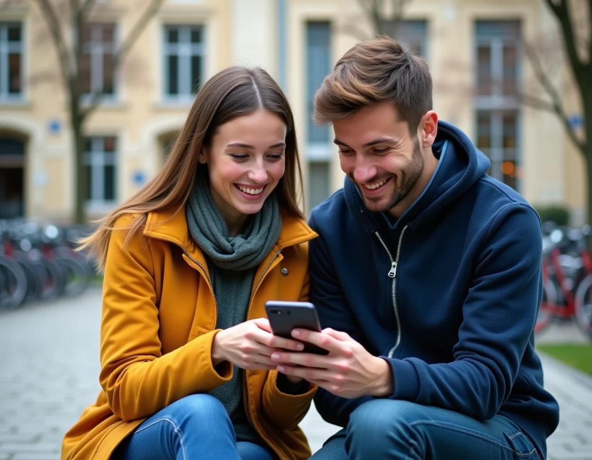 Deux étudiants consultant ensemble les informations sur la CVEC 2026 sur un smartphone dans la cour d'un campus universitaire