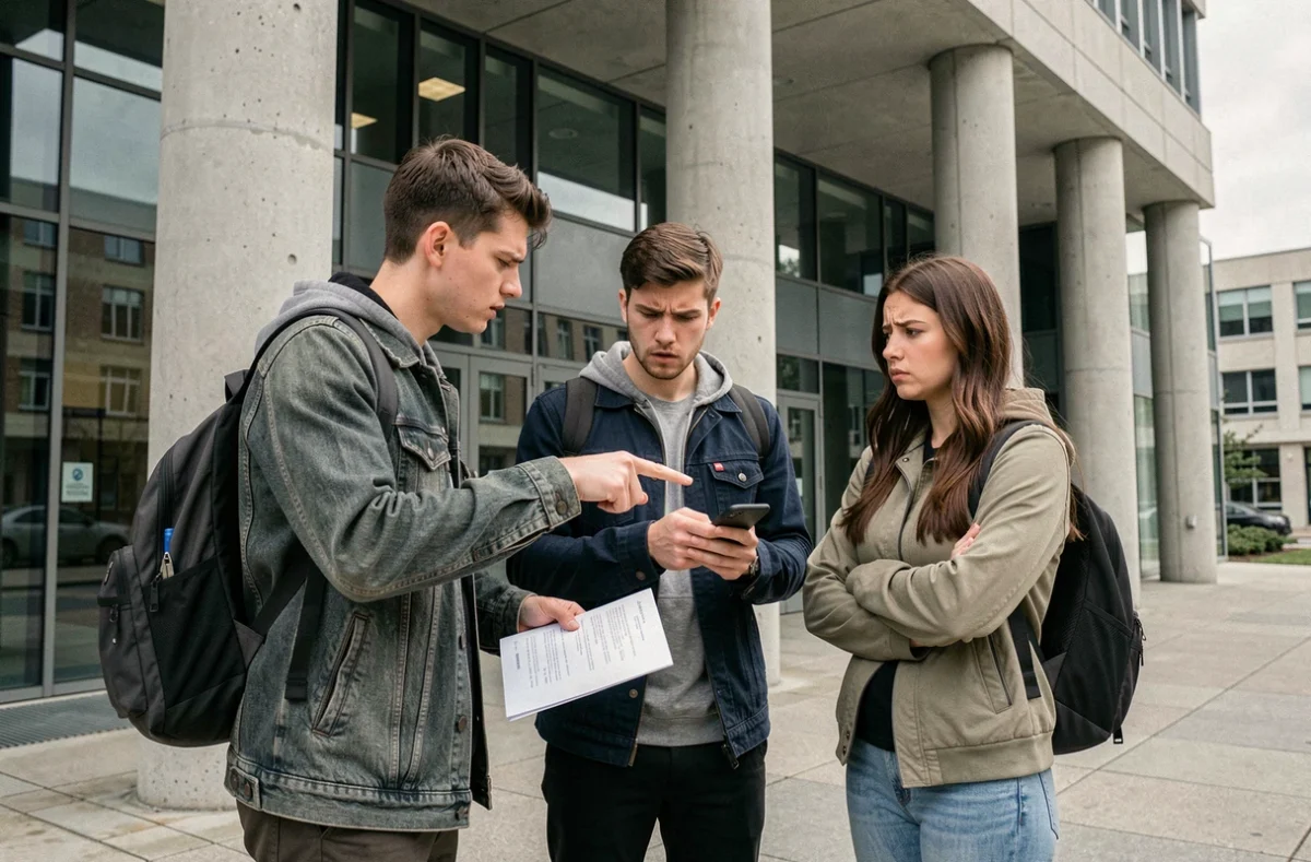 Groupe d'étudiants déçus discutant devant l'entrée d'une école privée, tenant des documents d'inscription et consultant un smartphone