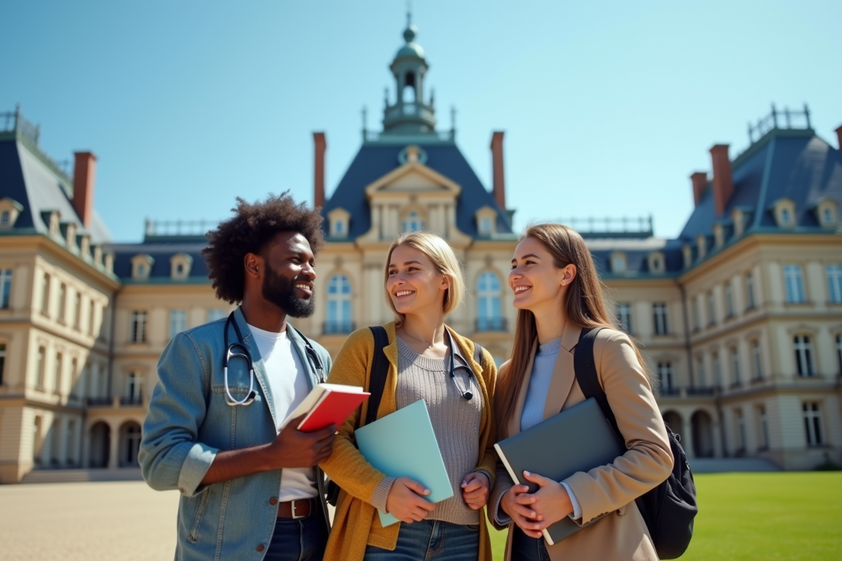 Etudiants divers devant une grande universite francaise en plein air