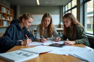 Étudiants en classe préparatoire ECE travaillant ensemble autour d'une table dans une salle de cours moderne d'école d'ingénieurs