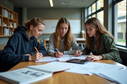 Étudiants en classe préparatoire ECE travaillant ensemble autour d'une table dans une salle de cours moderne d'école d'ingénieurs