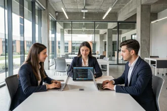 Étudiants en école de commerce collaborant sur des projets numériques avec laptops et tablettes dans un espace moderne