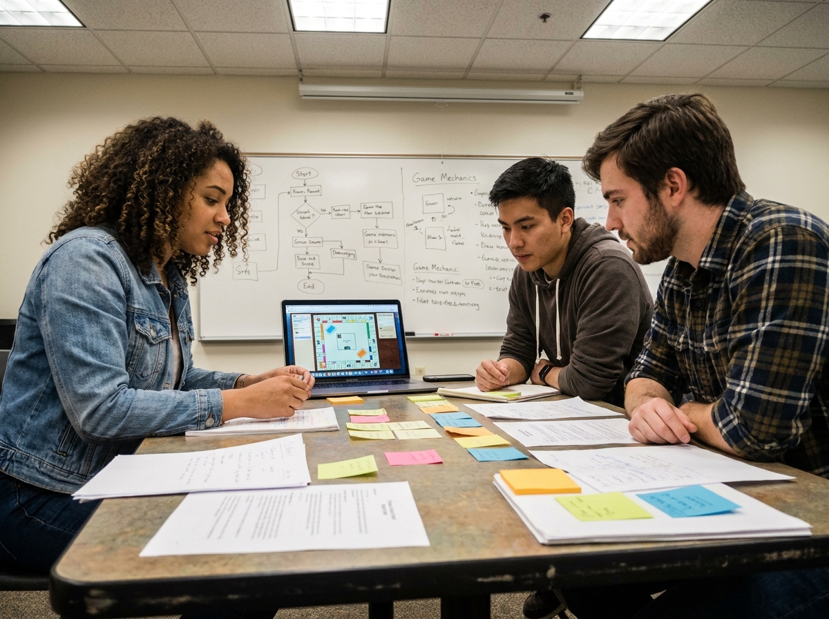 Groupe d'étudiants en game design collaborant autour d'une table dans une salle de cours avec des schémas de mécaniques de jeu au tableau
