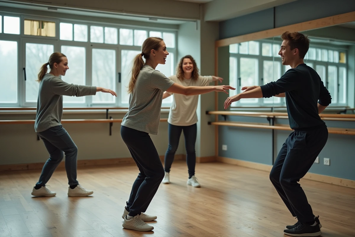 Groupe d'étudiants en art dramatique pratiquant un exercice d'improvisation dans une salle de répétition avec miroirs