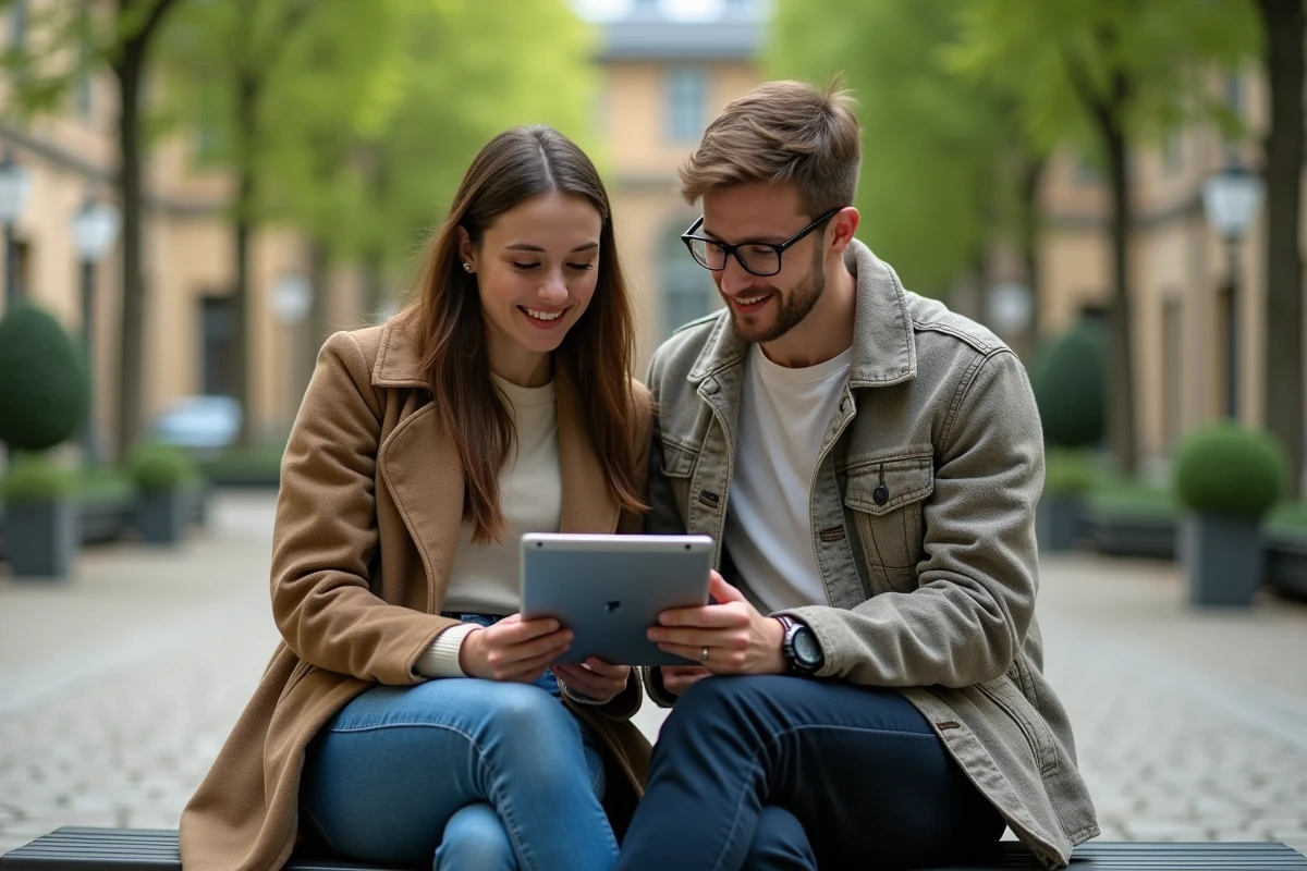 Deux étudiants consultant ensemble leurs outils numériques universitaires sur une tablette en plein air sur le campus de Toulouse INP