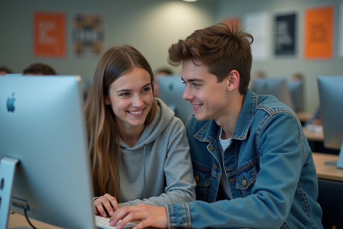 Deux lycéens explorant ensemble les modules d'une plateforme scolaire numérique en salle informatique