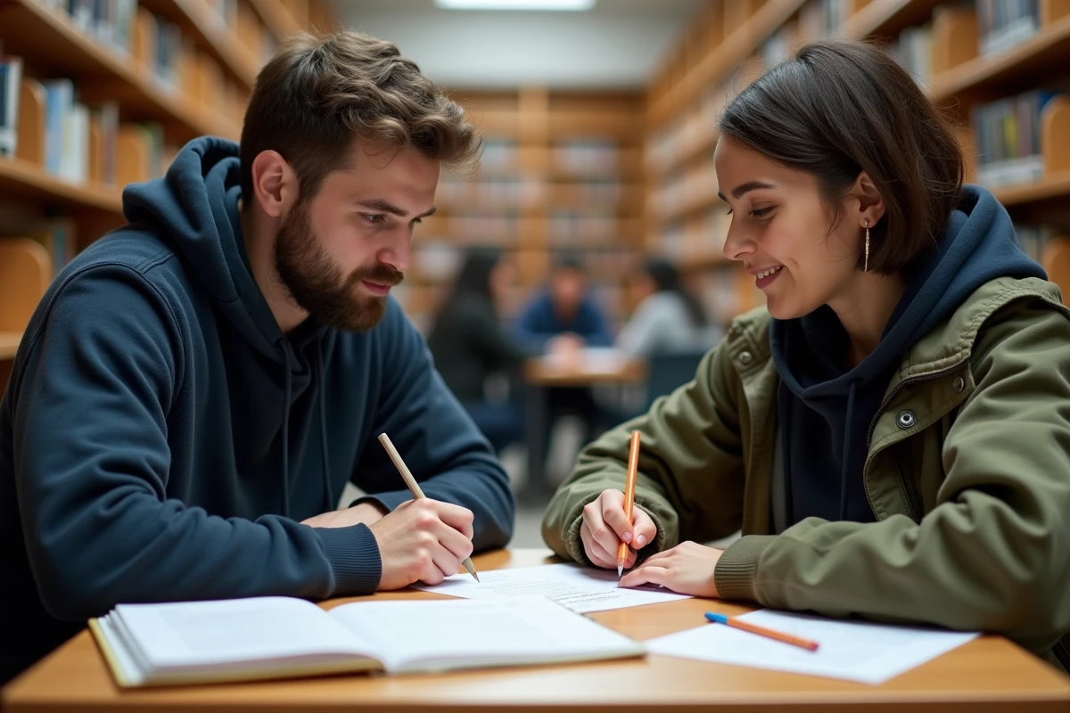 Deux étudiants universitaires révisant ensemble des exercices sur l'imparfait espagnol dans une bibliothèque