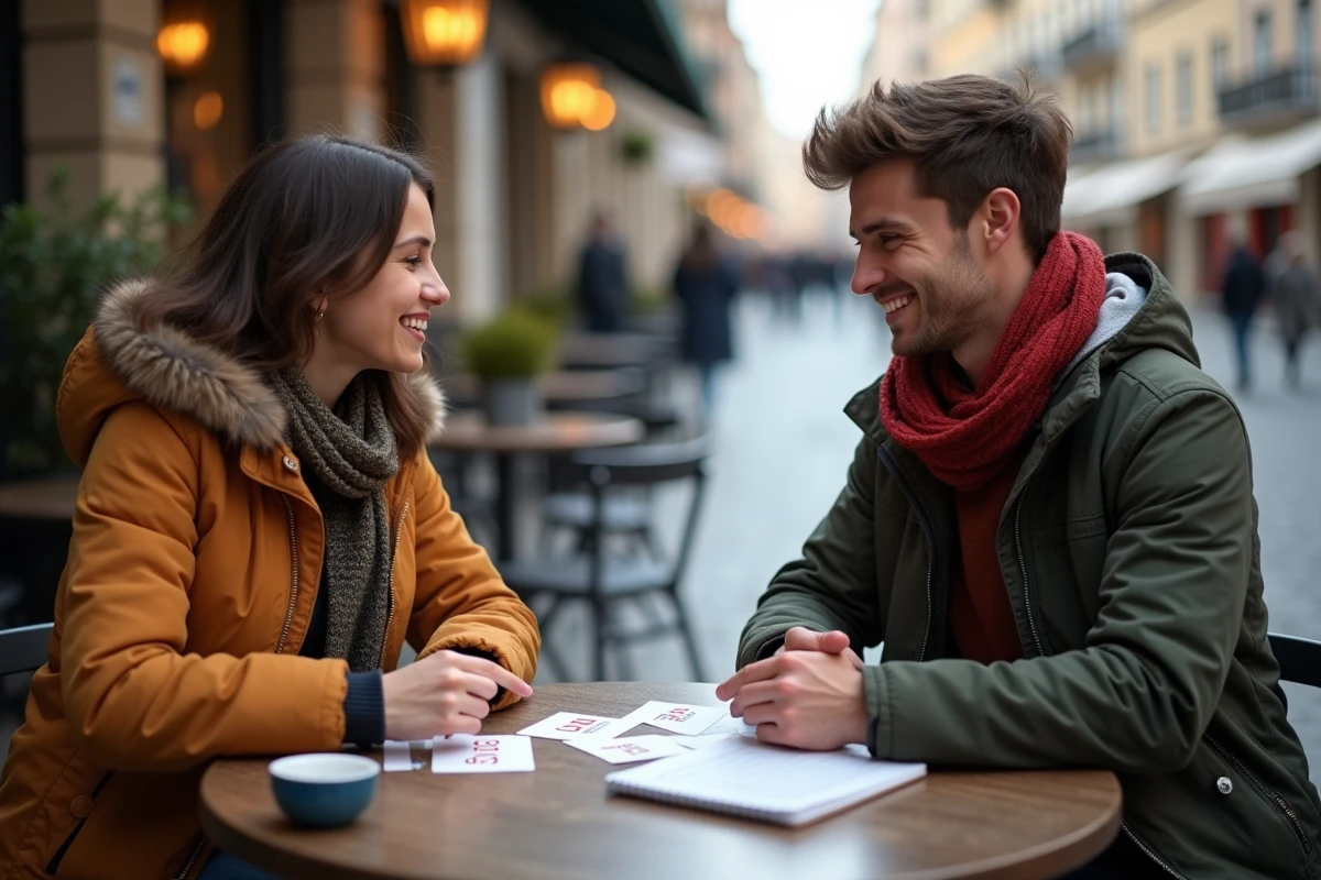 Deux étudiants révisant ensemble les verbes espagnols aux temps composés avec des fiches de conjugaison dans un café en plein air