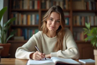 Jeune femme étudiant la conjugaison espagnole du verbe avoir dans un cahier de grammaire ouvert sur un bureau en bois