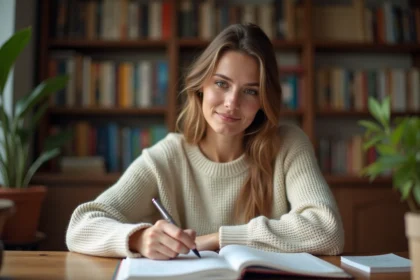 Jeune femme étudiant la conjugaison espagnole du verbe avoir dans un cahier de grammaire ouvert sur un bureau en bois