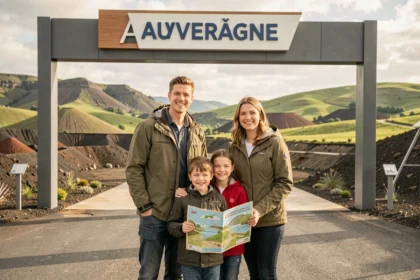 Famille avec enfants à l'entrée d'un parc de loisirs en Auvergne, nouveautés 2026