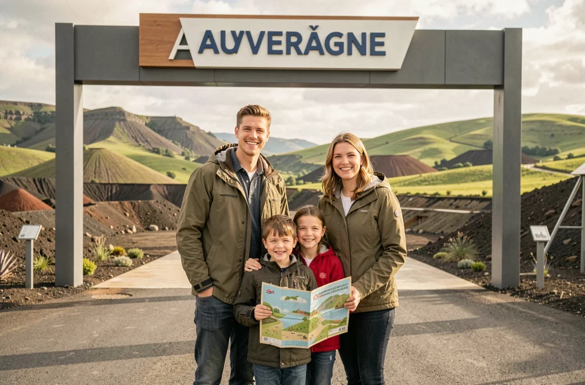Famille avec enfants à l'entrée d'un parc de loisirs en Auvergne, nouveautés 2026