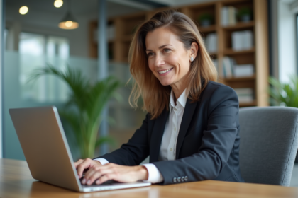 Femme d'affaires confiante travaillant sur son ordinateur dans un bureau moderne