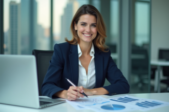 Femme d affaires concentrée devant son ordinateur en réunion