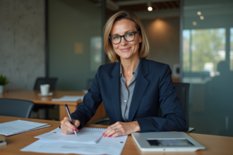 Femme d'affaires en costume dans un bureau moderne