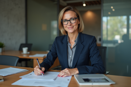 Femme d'affaires en costume dans un bureau moderne