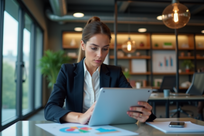 Femme en blazer analysant des graphiques sur une tablette