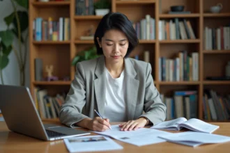 Femme analysant des brochures de cours de photographie sur un bureau en bois avec un ordinateur portable ouvert