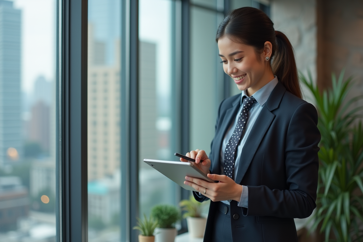 Jeune femme gestionnaire financière consulte des analyses sur tablette
