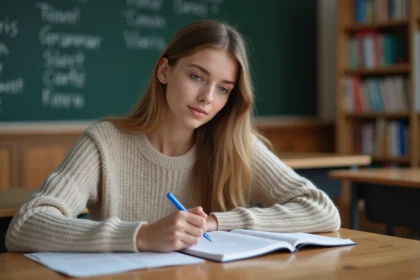 Jeune femme en classe apprend les verbes français