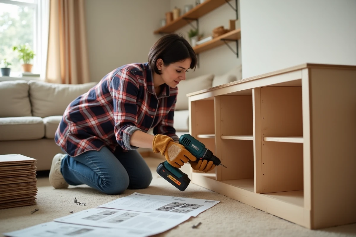Femme bricolant l'assemblage d'une étagère en kit avec une perceuse sans fil dans un salon lumineux