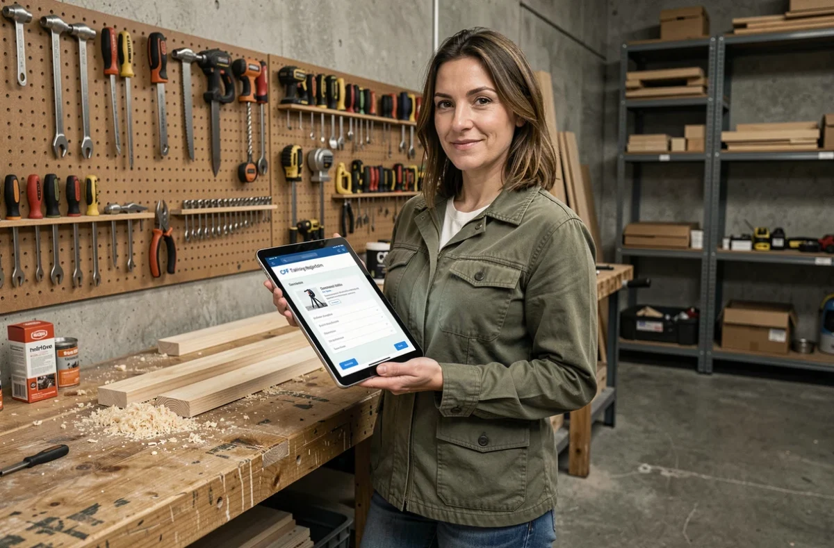 Femme dans un atelier de bricolage consultant une formation CPF éligible sur une tablette numérique