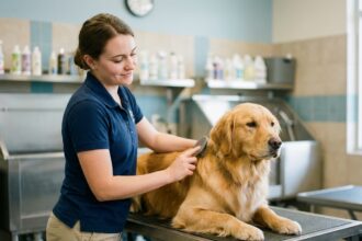 Jeune femme brossant un golden retriever dans un centre de formation