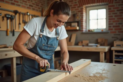 Femme en tablier de bricolage mesurant une planche en bois dans un atelier DIY bien rangé