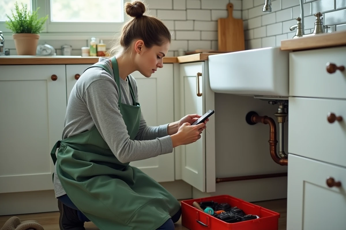 Femme bricolant la plomberie de sa cuisine en suivant un tutoriel DIY sur smartphone