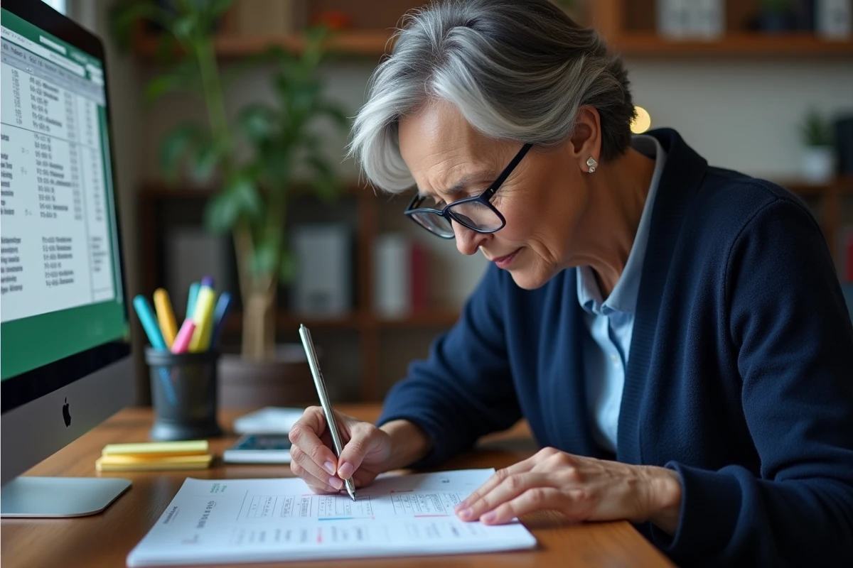Femme d'âge mûr consultant une fiche Excel imprimée pour apprendre les bases du tableur au bureau