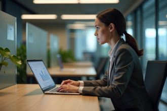 Femme en bureau analysant un logiciel de gestion sur son ordinateur