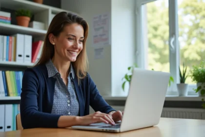 Femme souriante au bureau avec ordinateur affichant le portail IProf
