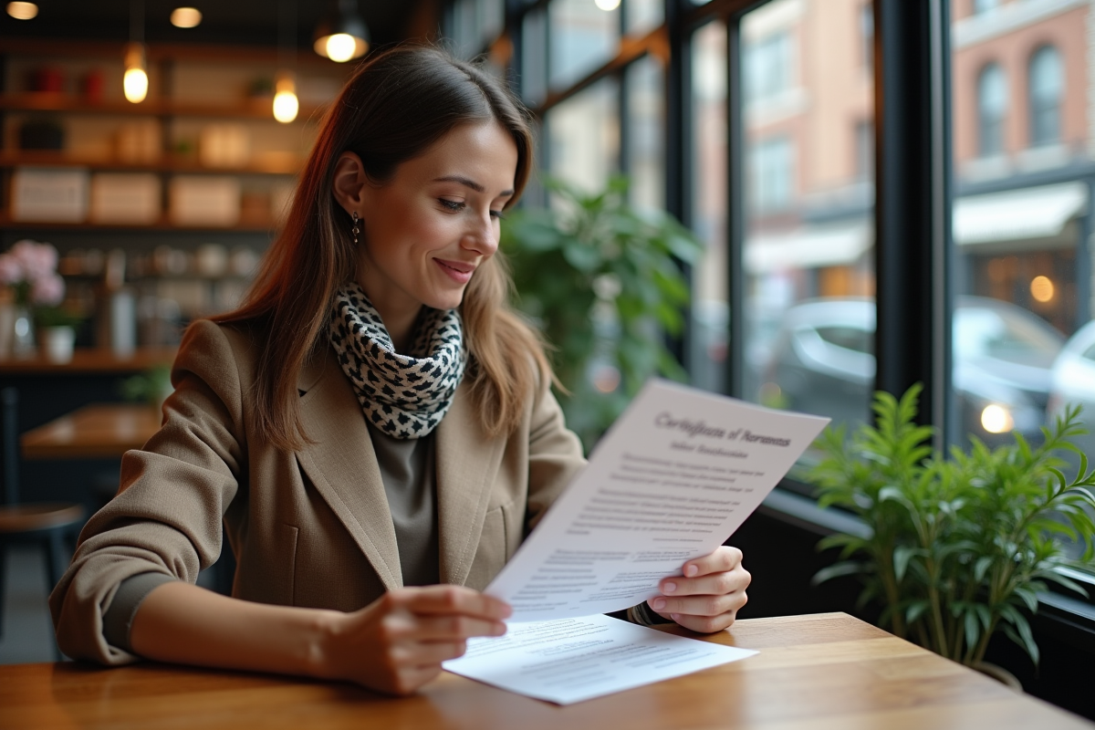 Femme lisant un certificat dans un café lumineux