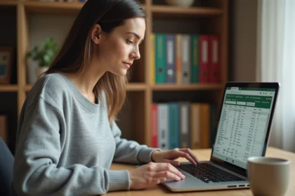 Femme débutante apprenant Excel sur un ordinateur portable dans un bureau à domicile organisé