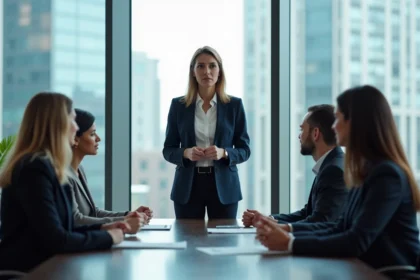Femme en blazer navy lors d'une réunion professionnelle