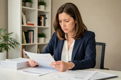 Femme consultant ses documents pour l'inscription à Pôle emploi après une rupture conventionnelle