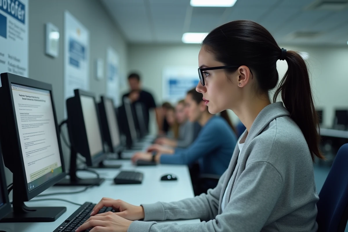 Jeune femme consultant son espace personnel Pôle emploi sur un ordinateur en agence pour vérifier ses droits et éviter une radiation