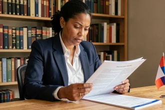 Femme étudiant le questionnaire de naturalisation française à son bureau avec des livres d'histoire en arrière-plan