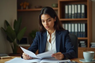Femme étudiant les 200 questions de naturalisation française avec un livret annoté à son bureau à domicile