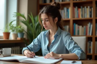 Jeune femme étudiant les erreurs d'imparfait espagnol dans ses cahiers de grammaire sur un bureau en bois