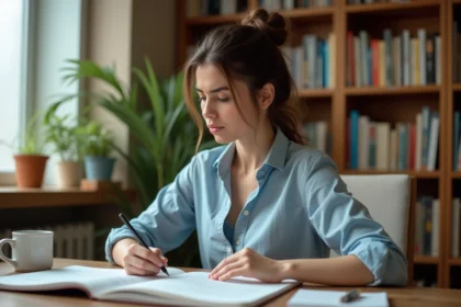 Jeune femme étudiant les erreurs d'imparfait espagnol dans ses cahiers de grammaire sur un bureau en bois
